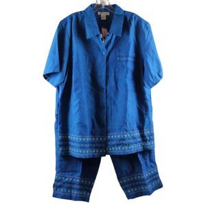 Dressbarn Blue 2 Piece Women's Short Sleeve Top & Ankle Pants Beaded Trim 18W